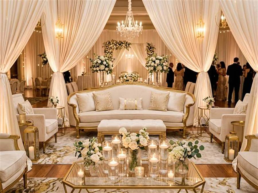 Dream Party Decor lounge setup with ivory velvet furniture and candles